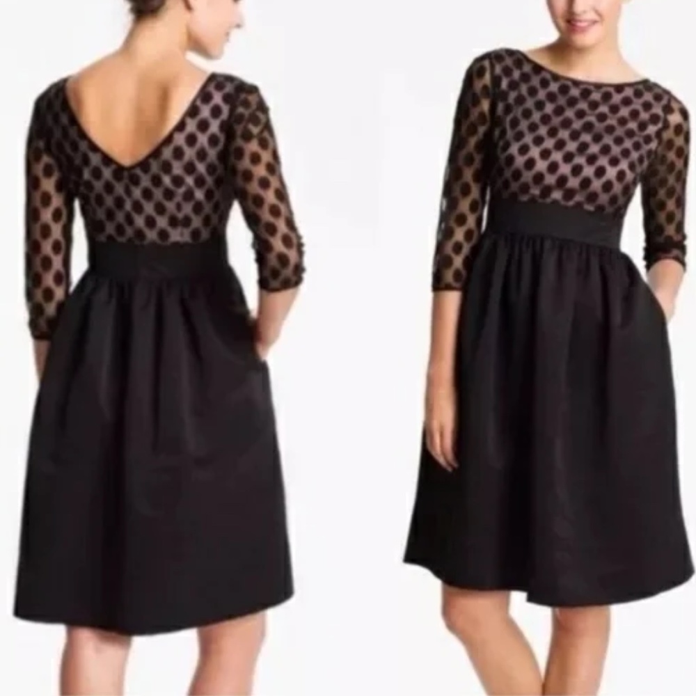 Eliza J Dot Mesh Bodice Fit & Flare Dress in Black Size 2